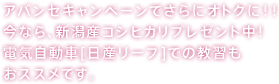 アバンセキャンペーンでさらにオトクに！！今なら、新潟産コシヒカリプレゼント中！電気自動車[日産リーフ]での教習もおススメです。